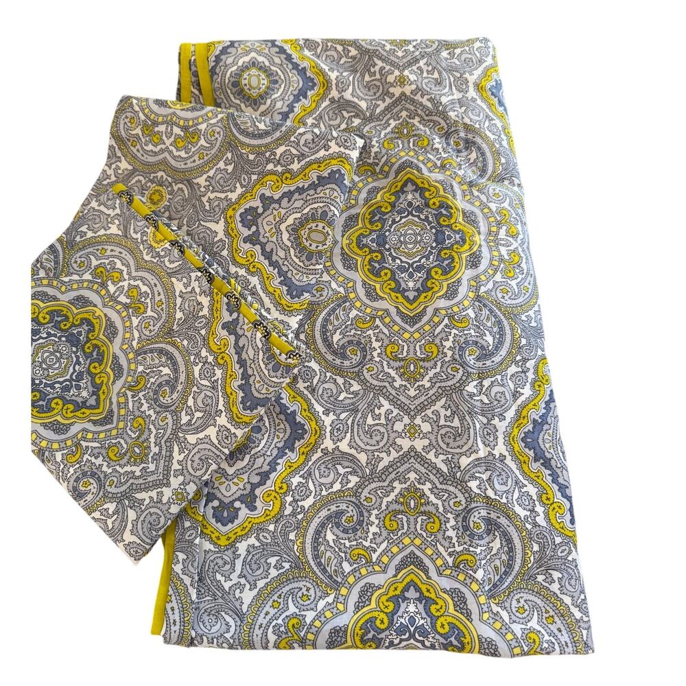 King Size Cotton Duvet Cover & Shams Gray Yellow Classic Medallion Print